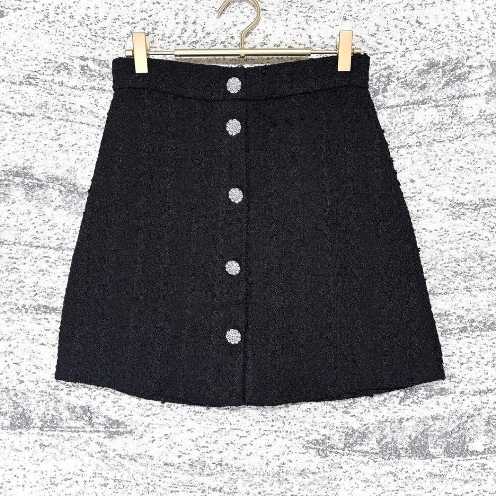 H&M Tweed-Style Mini Skirt with Jewel Buttons Black